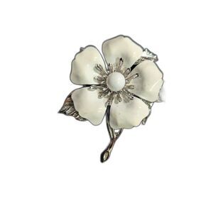 Sarah Coventry Vintage White Enamel Flower Brooch With Silver-Tone Leaf Accent